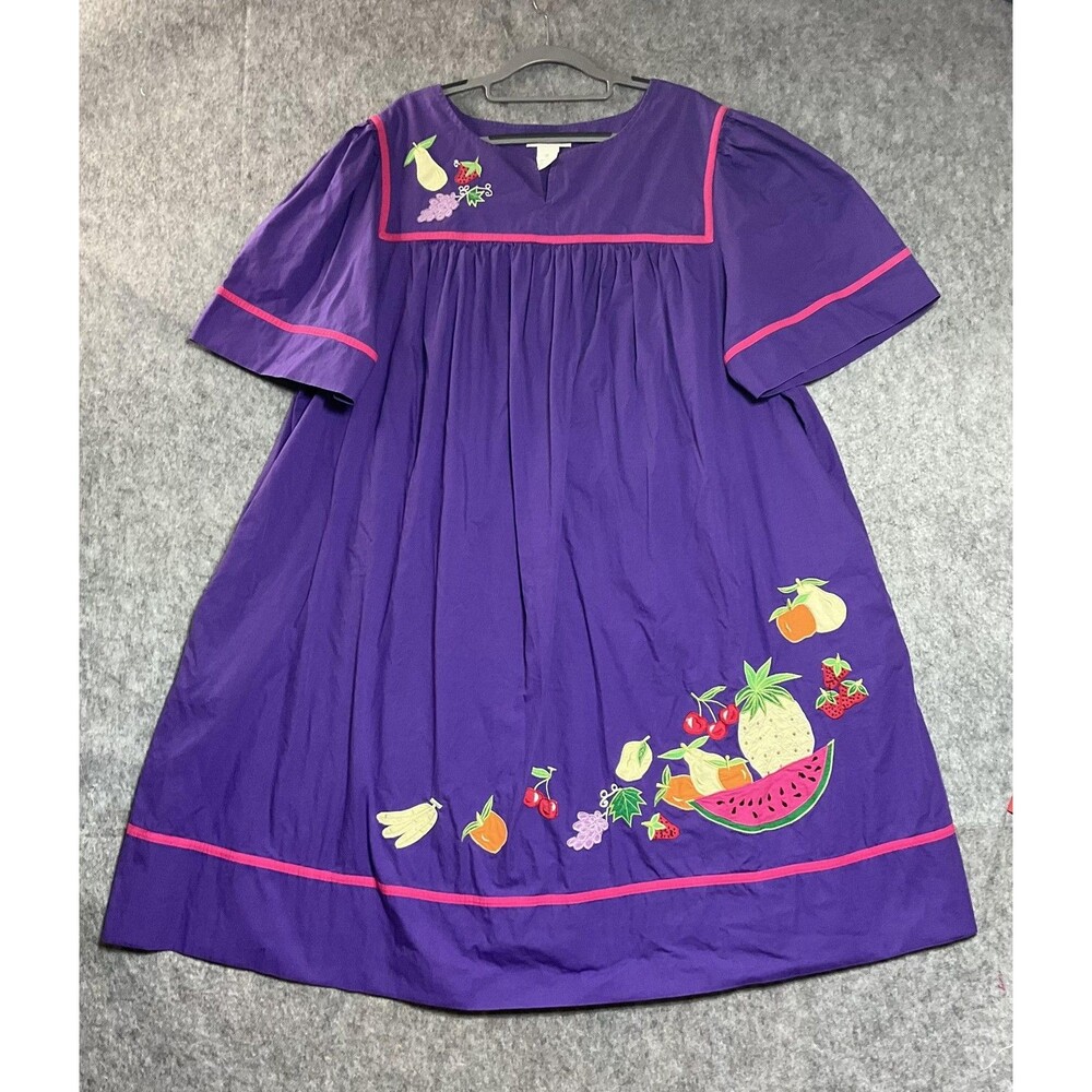 Bechamel Dress Womens 2X Purple Fruit Embroidered Kaftan Cotton Midi Pockets *